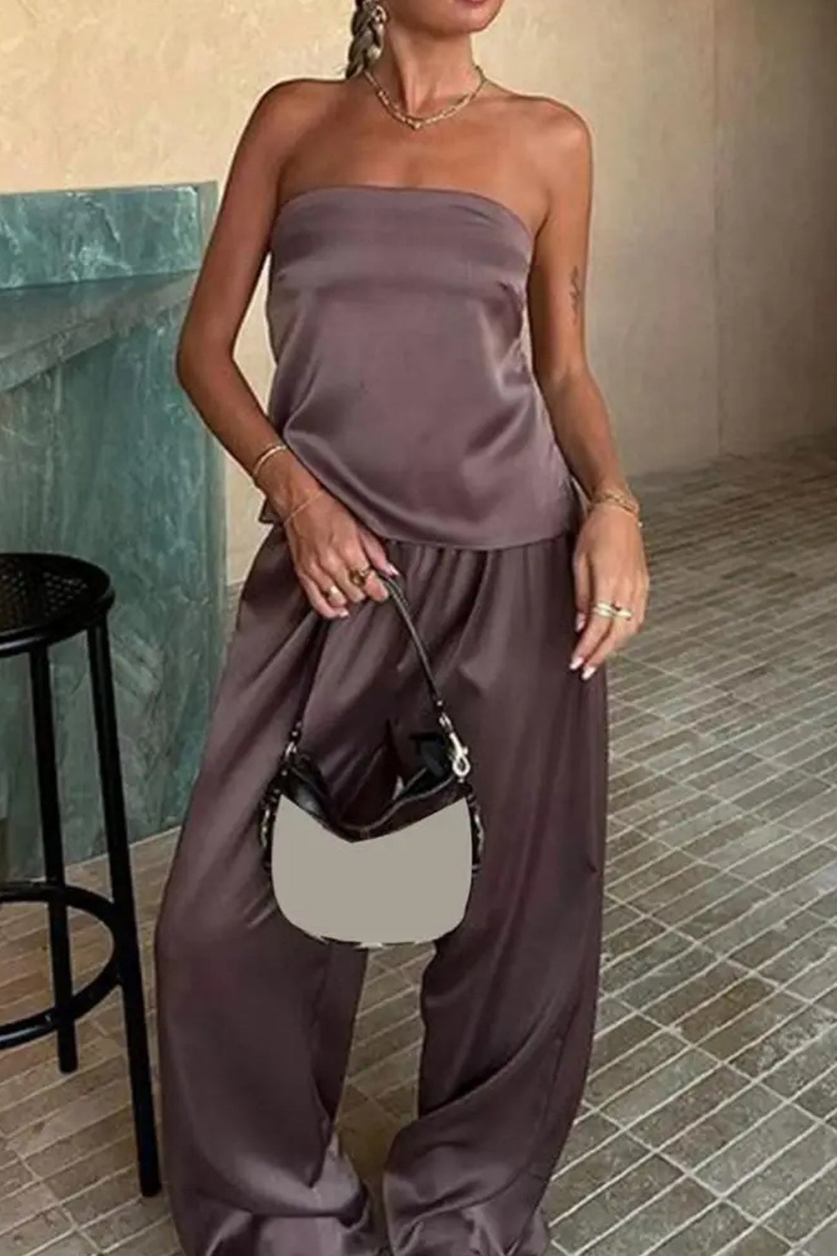 Arolora satin-solid-tube-top-long-pants-suits