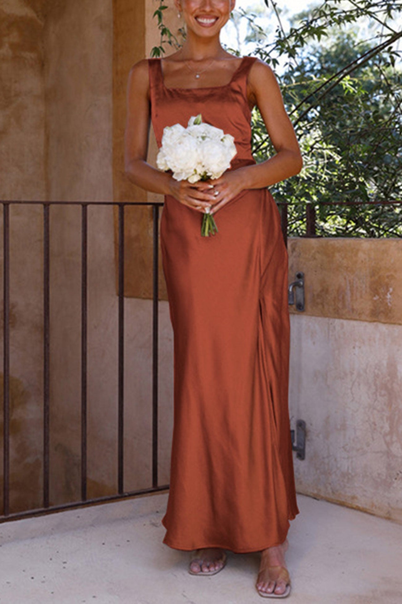 Arolora Satin Square Neck Slit Maxi Dress