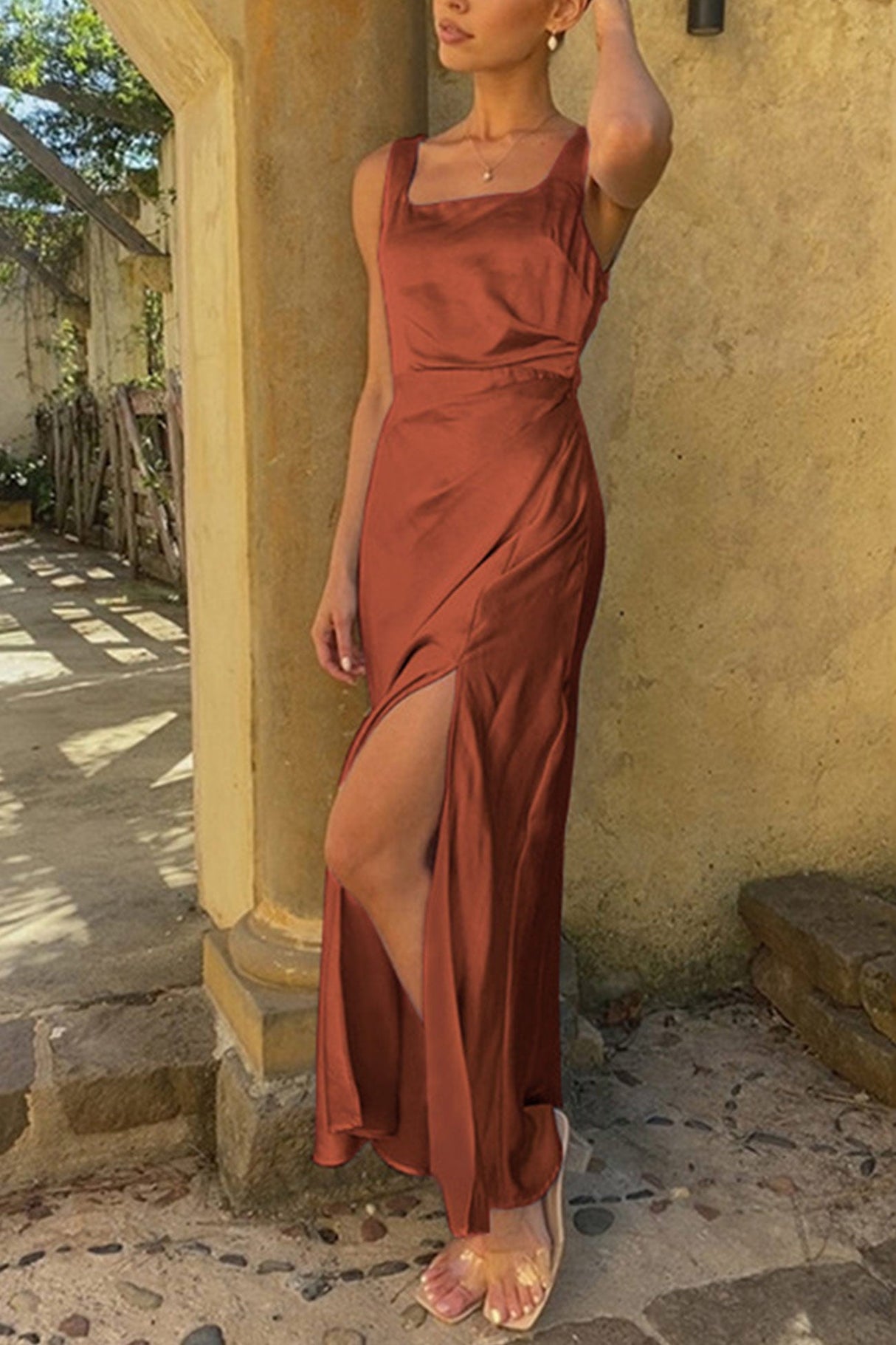 Arolora Satin Square Neck Slit Maxi Dress