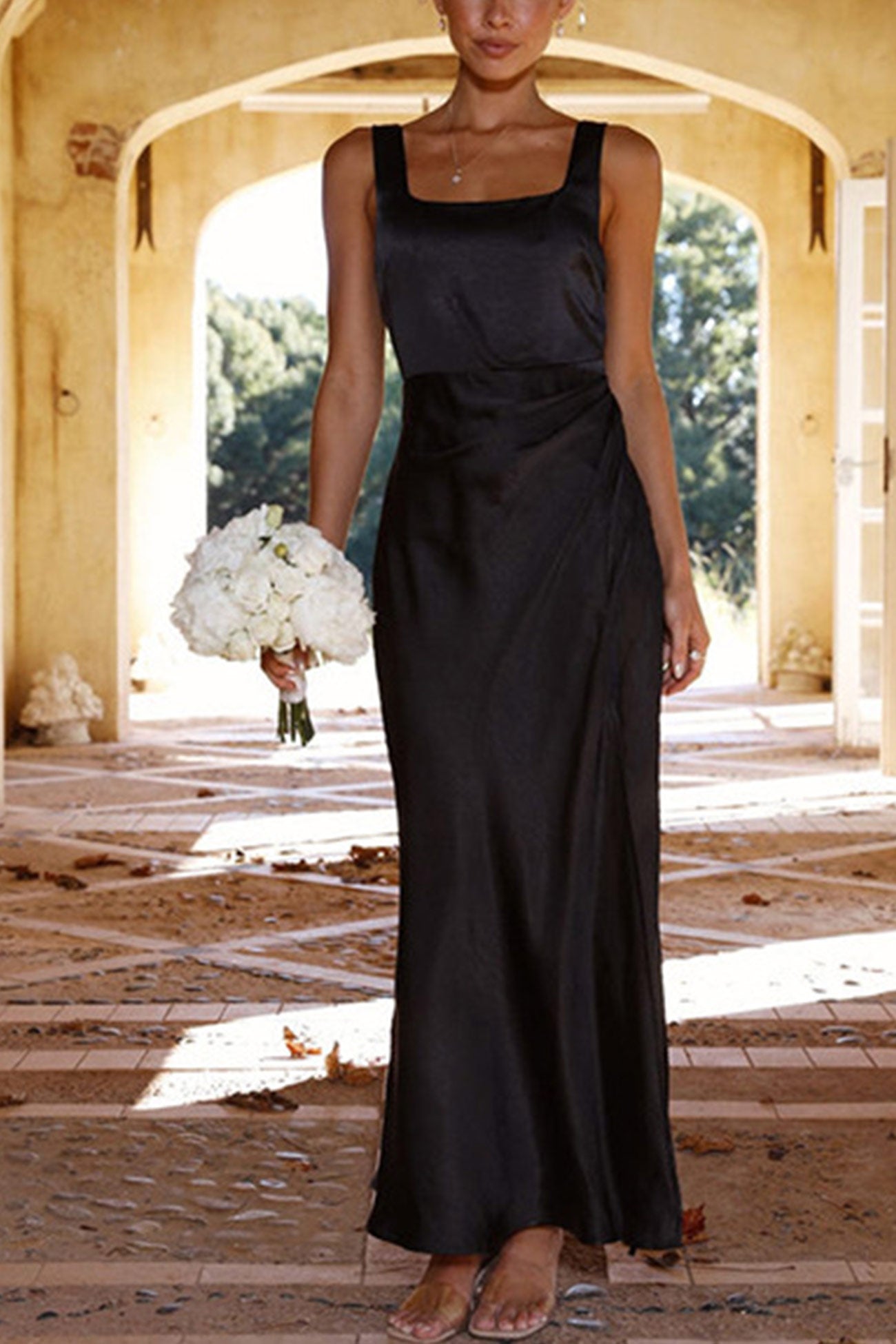 Arolora Satin Square Neck Slit Maxi Dress