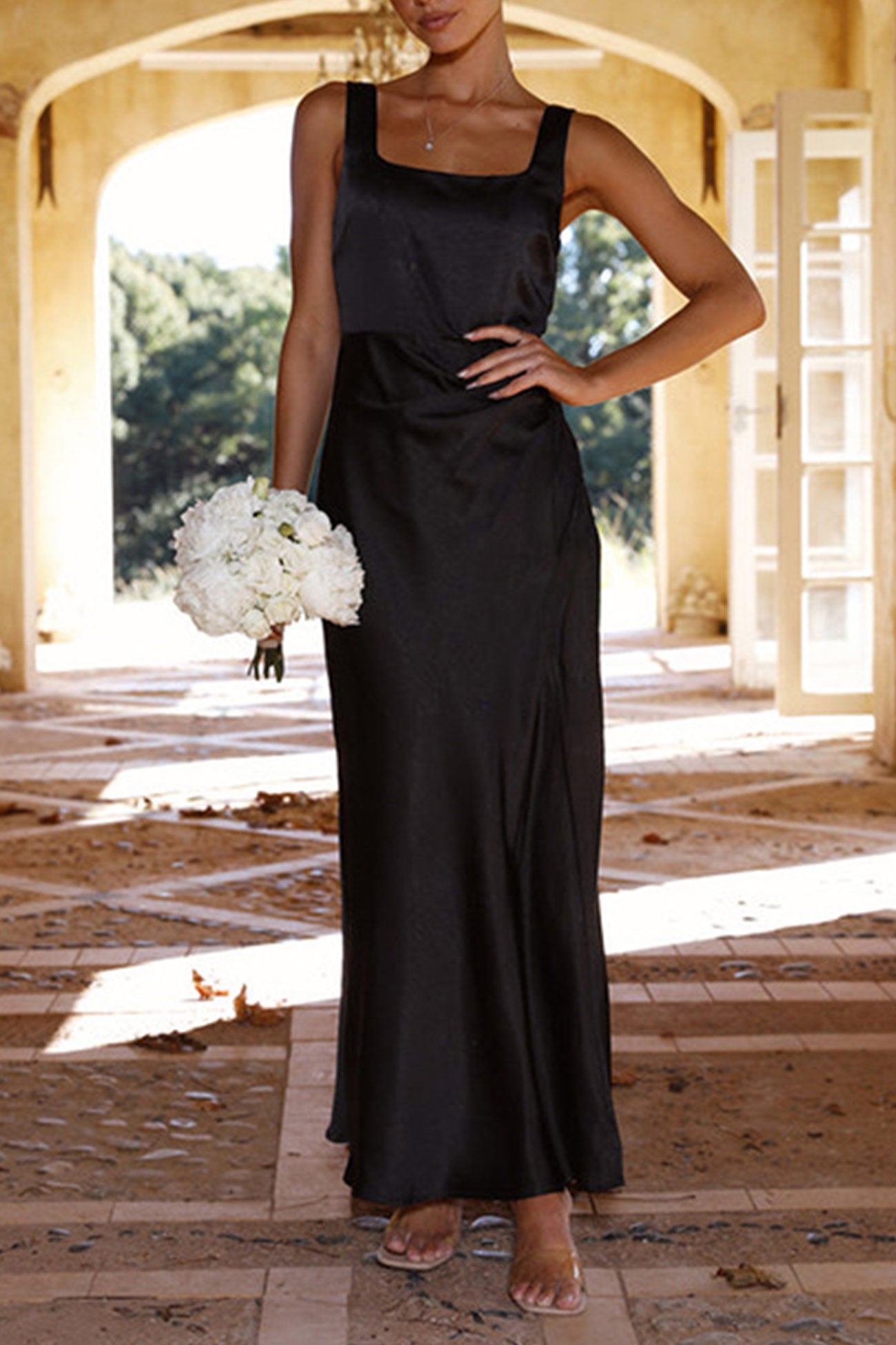 Arolora Satin Square Neck Slit Maxi Dress