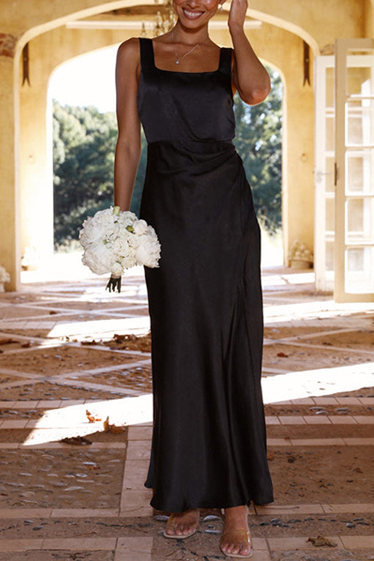 Arolora Satin Square Neck Slit Maxi Dress