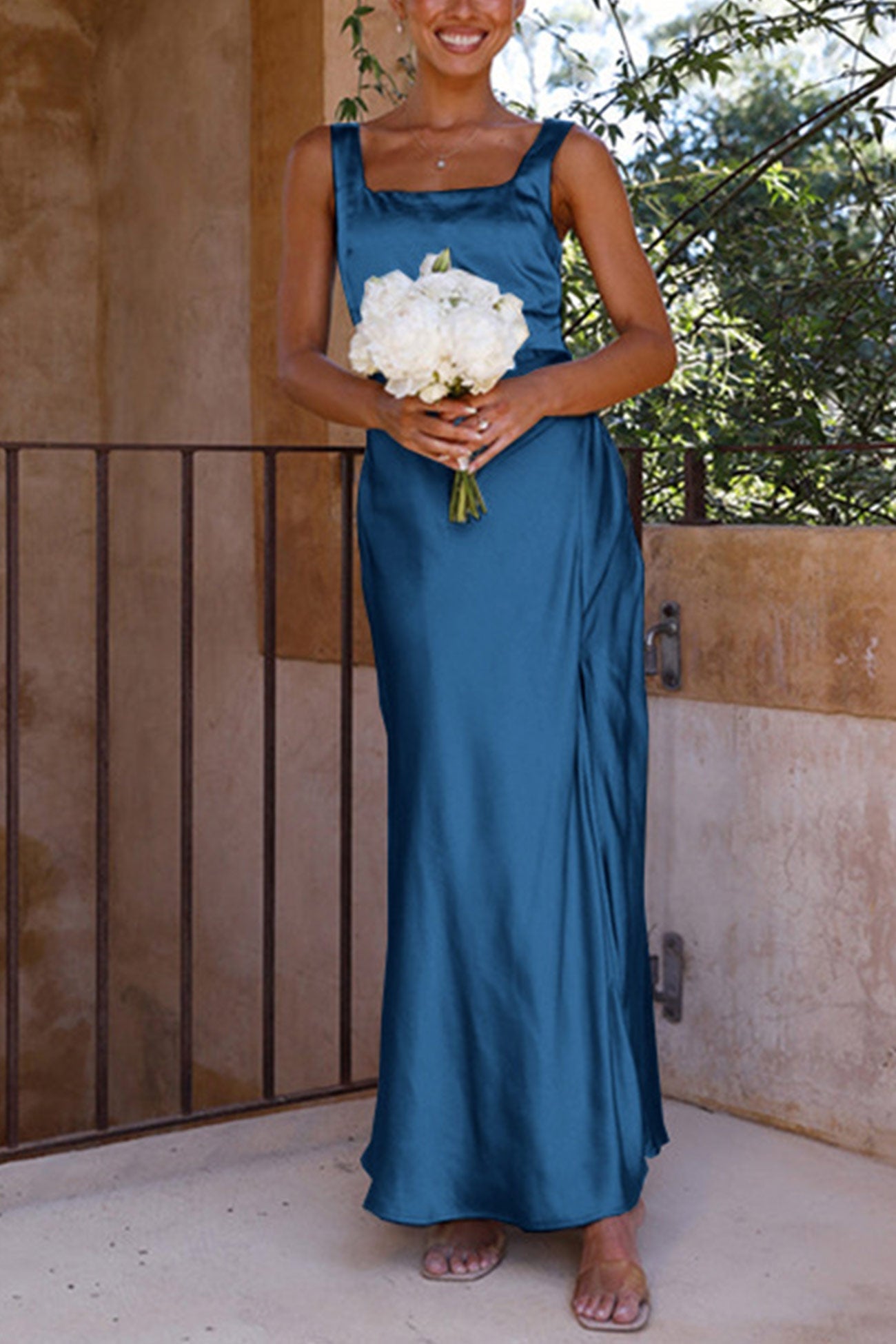 Arolora Satin Square Neck Slit Maxi Dress