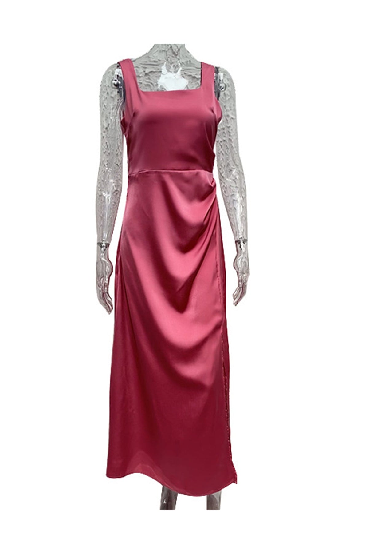 Arolora Satin Square Neck Slit Maxi Dress
