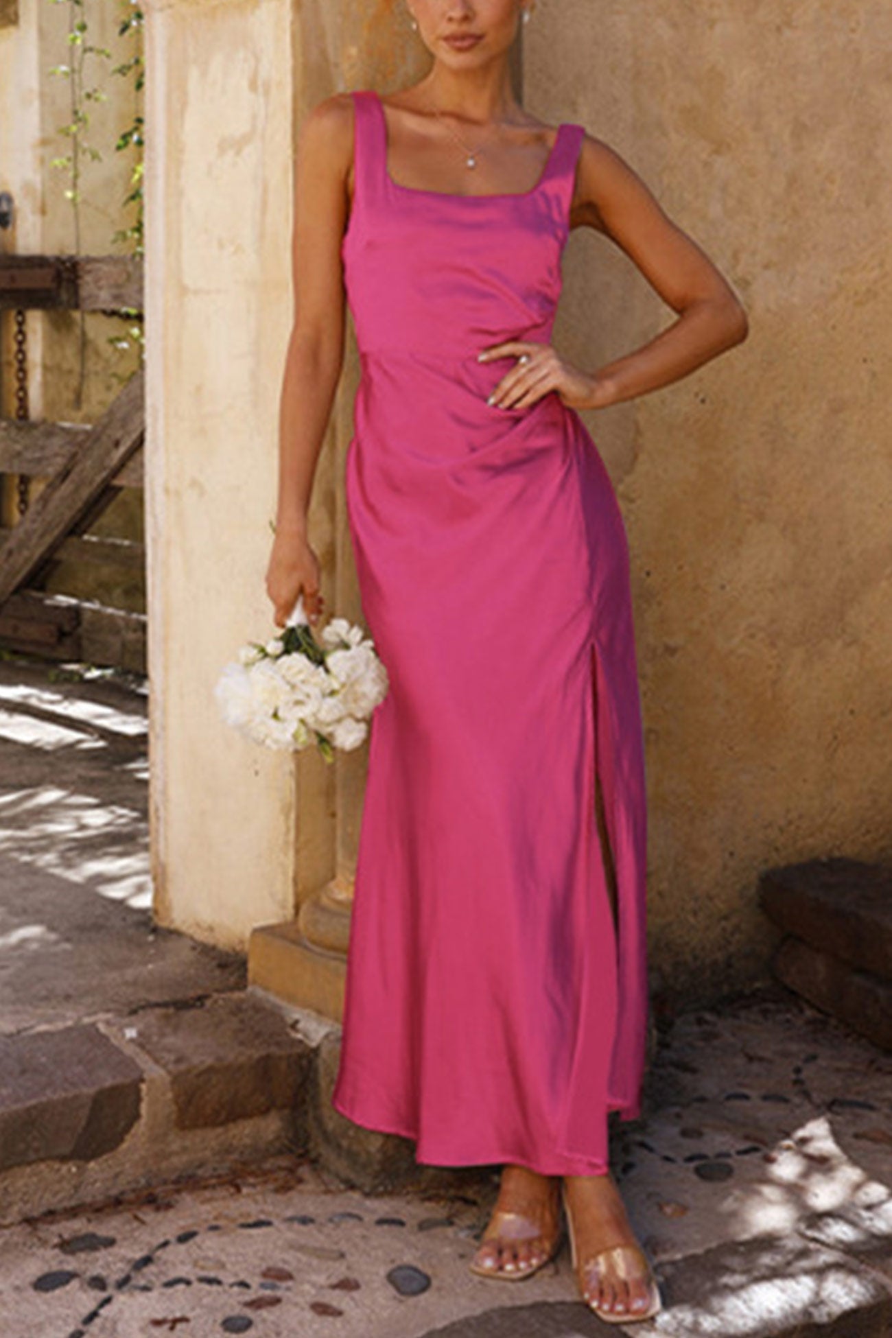 Arolora Satin Square Neck Slit Maxi Dress