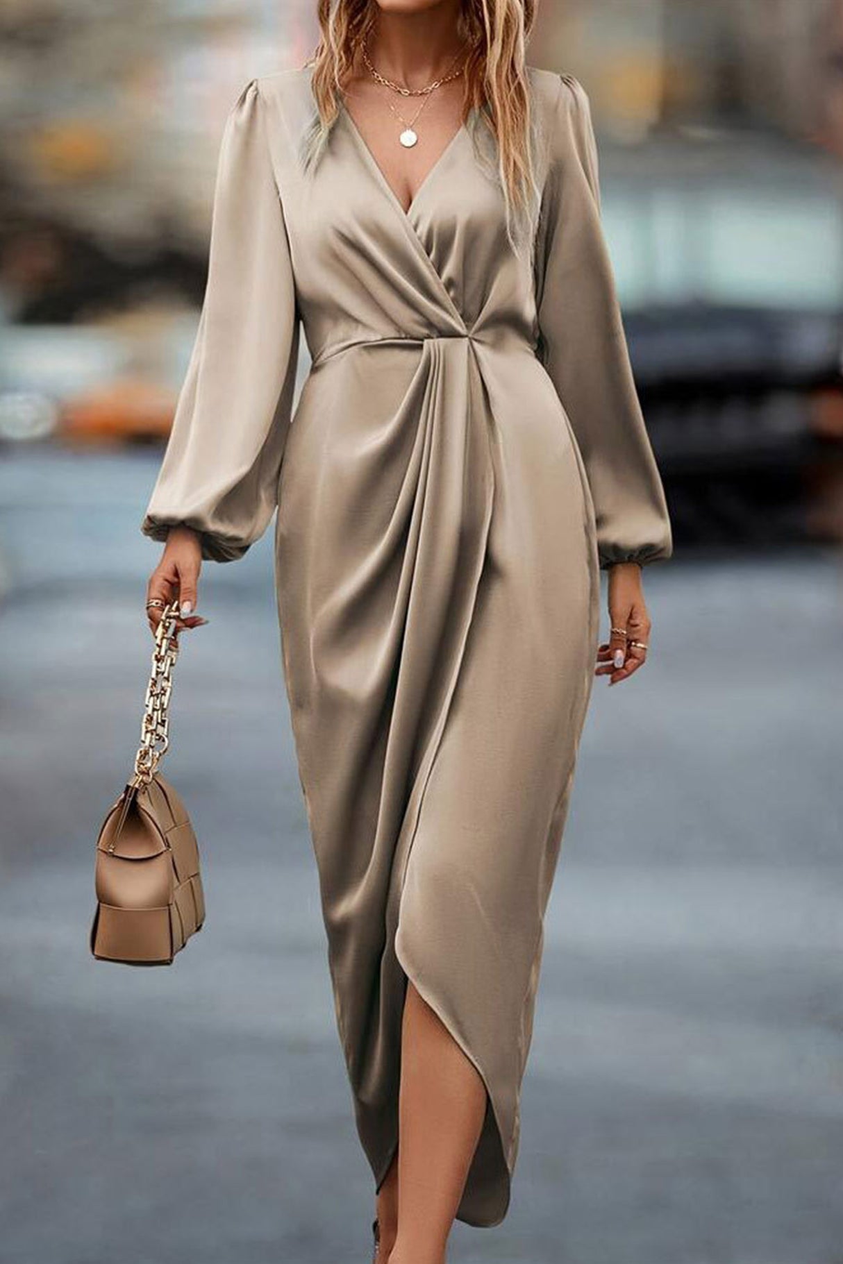 Arolora Satin V Neck Puff Sleeve Slit Dress