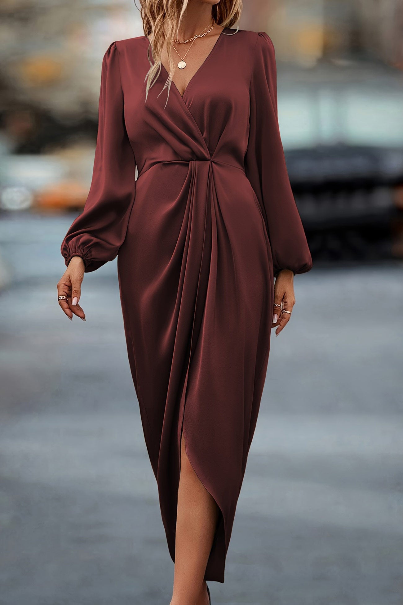 Arolora Satin V Neck Puff Sleeve Slit Dress