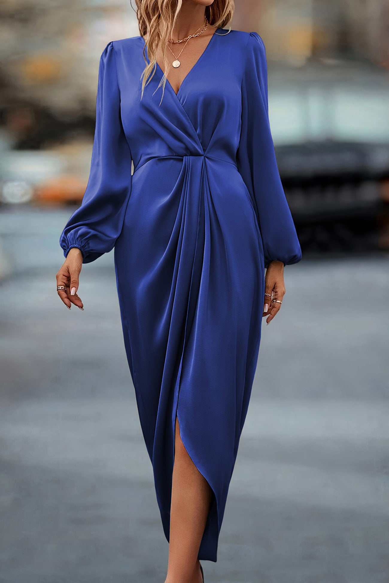 Arolora Satin V Neck Puff Sleeve Slit Dress