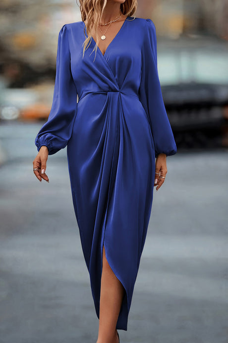 Arolora Satin V Neck Puff Sleeve Slit Dress