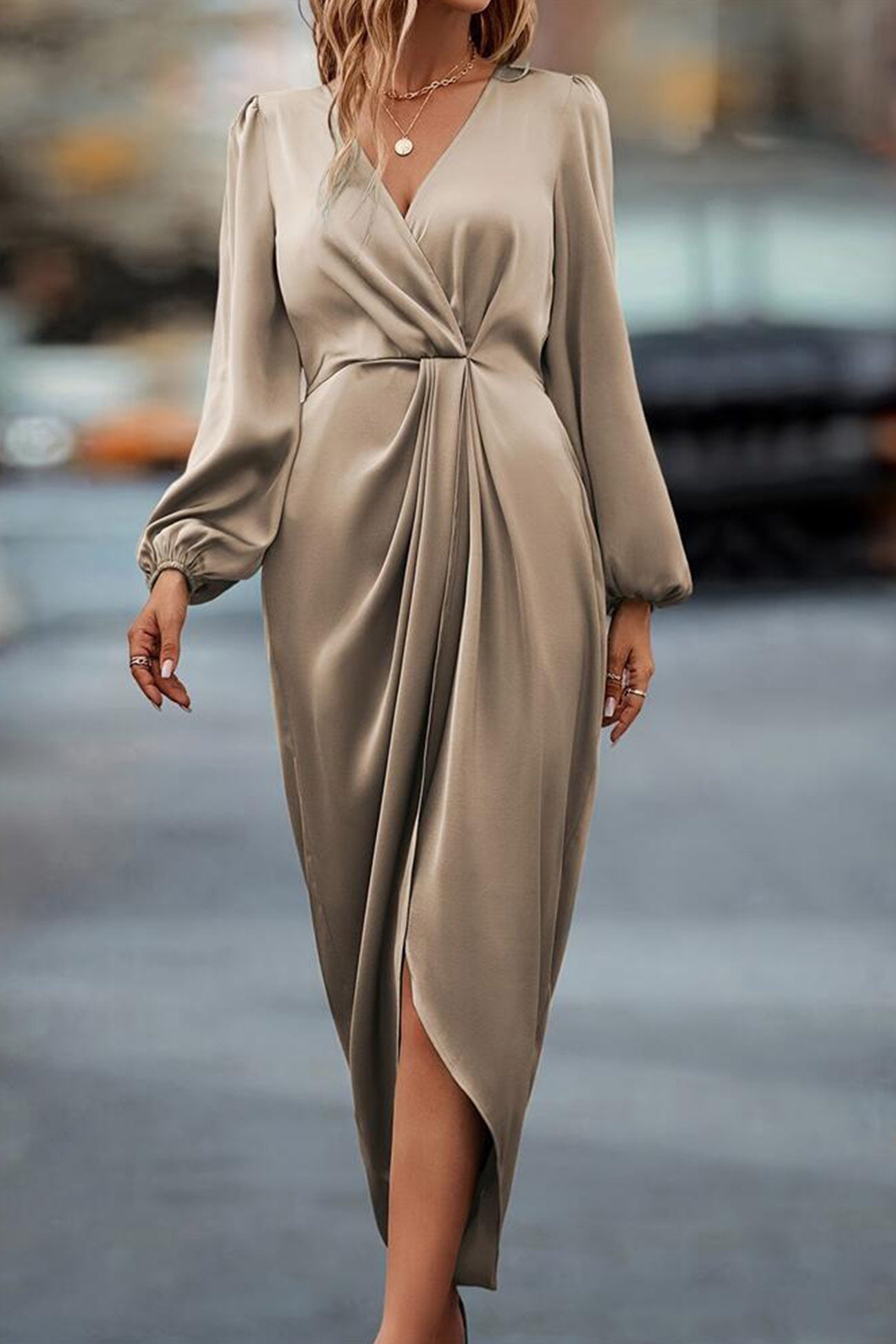 Arolora Satin V Neck Puff Sleeve Slit Dress