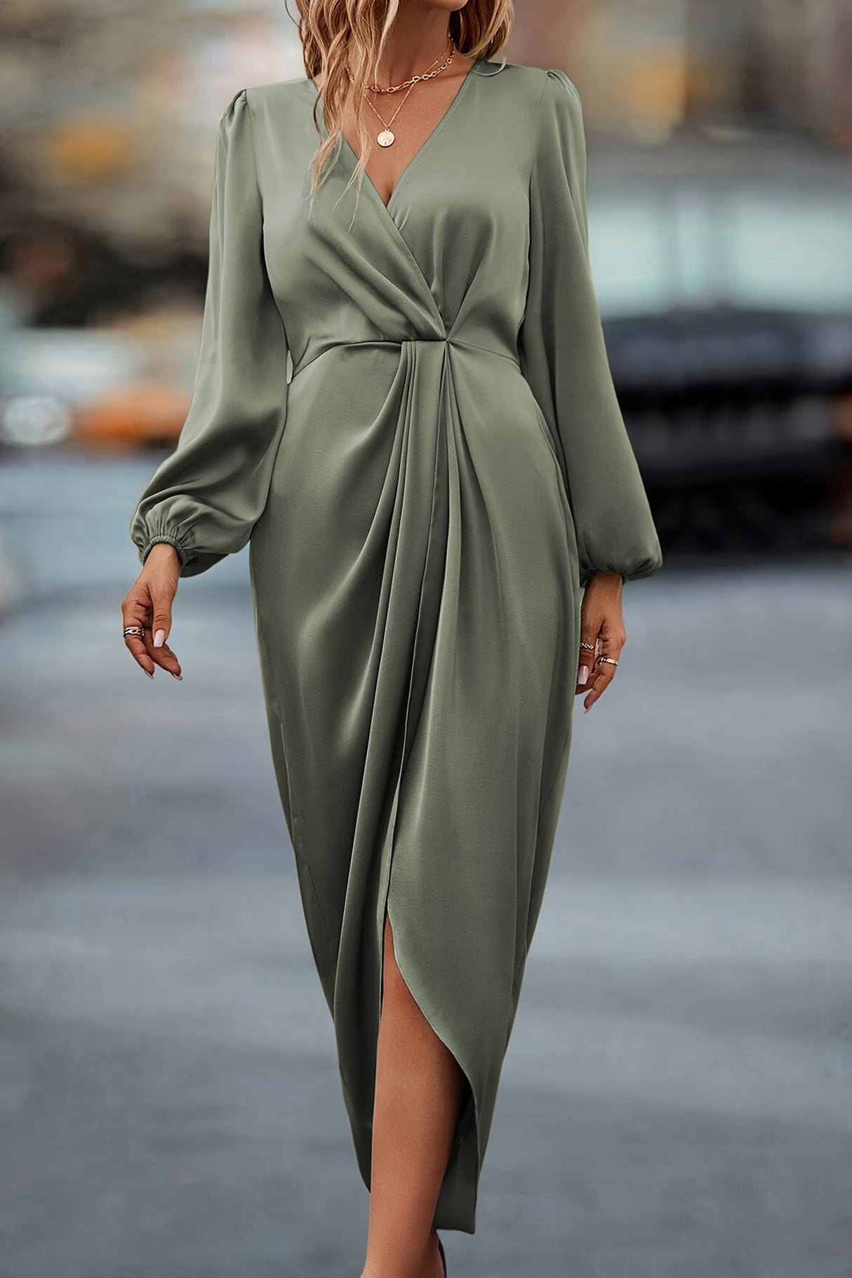 Arolora Satin V Neck Puff Sleeve Slit Dress