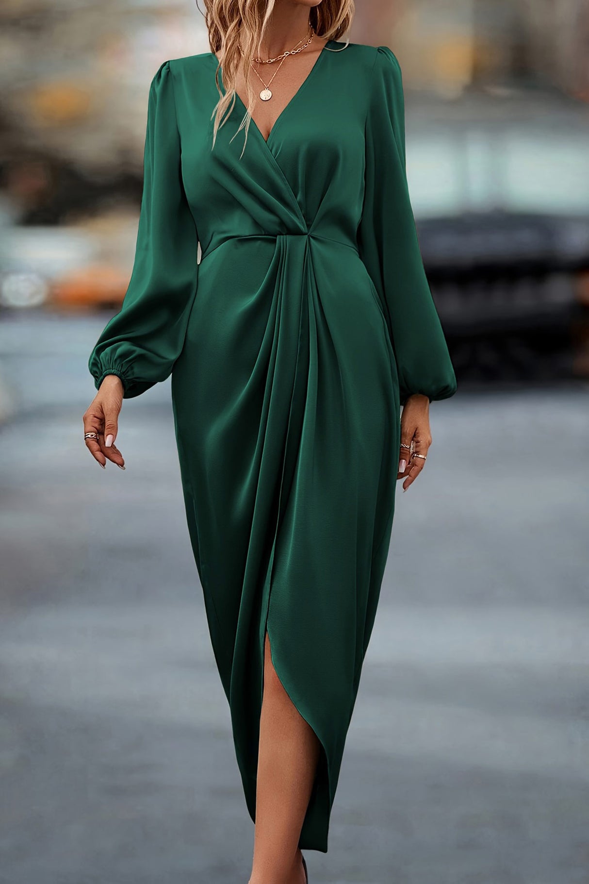 Arolora Satin V Neck Puff Sleeve Slit Dress