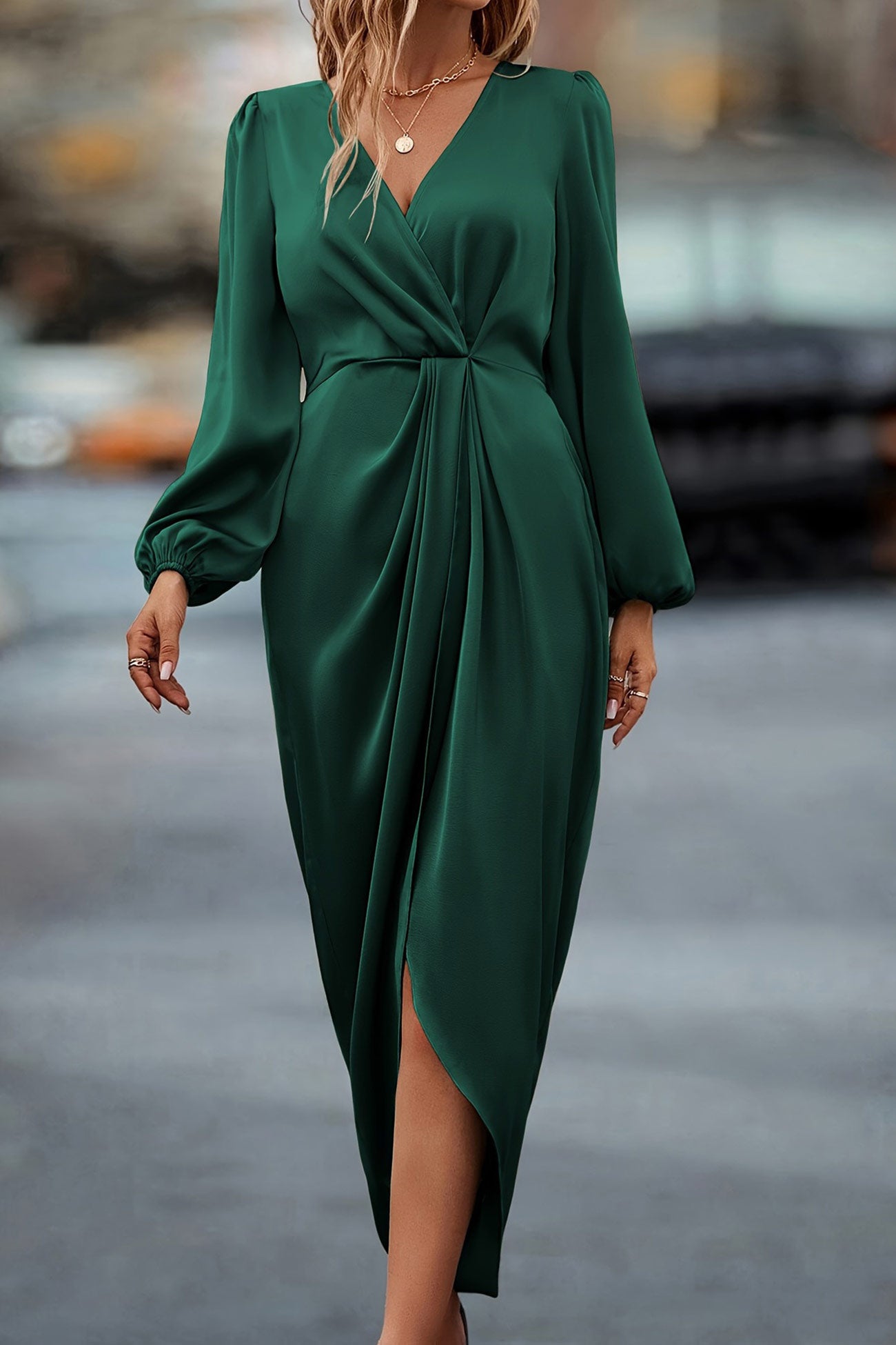 Arolora Satin V Neck Puff Sleeve Slit Dress