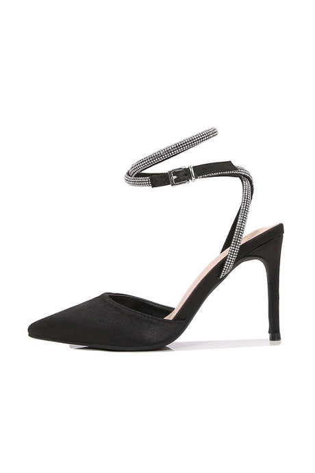 Satin Rhinestone Lace Up High Heels