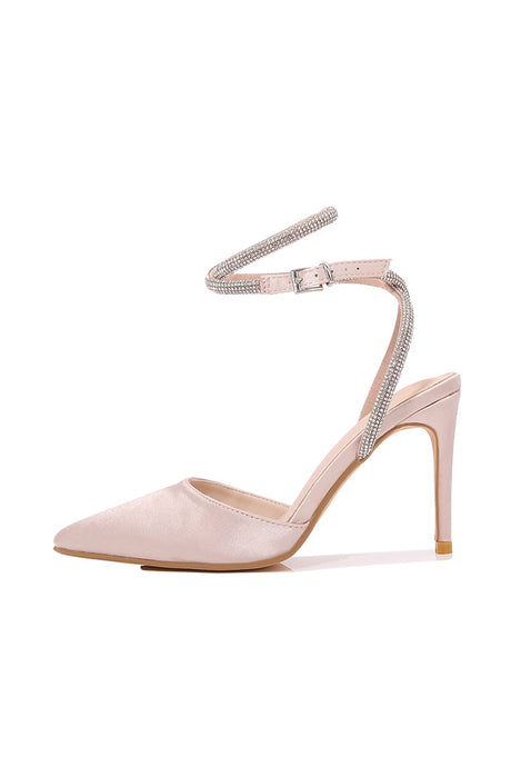 Satin Rhinestone Lace Up High Heels