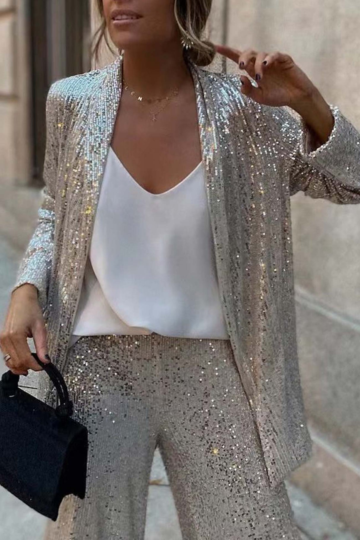 Arolora Sequin Long Sleeve Blazer Flare Long Pants Set