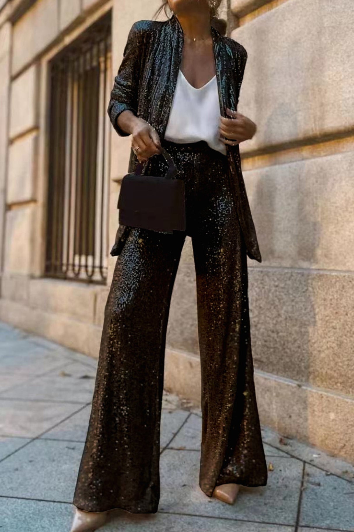 Arolora Sequin Long Sleeve Blazer Flare Long Pants Set