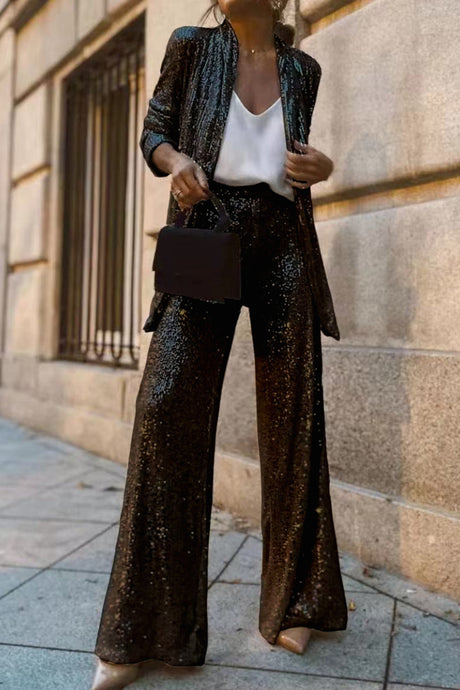 Arolora Sequin Long Sleeve Blazer Flare Long Pants Set