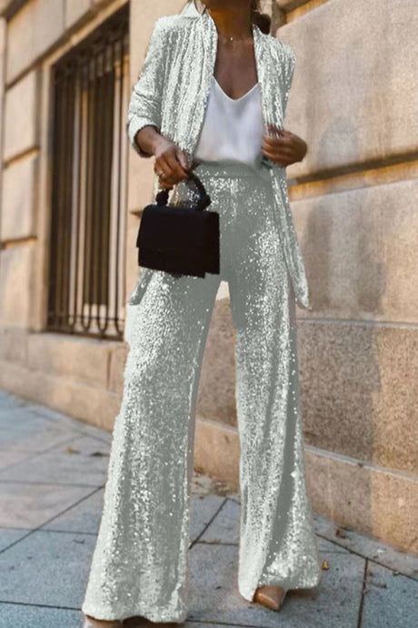 Arolora Sequin Long Sleeve Blazer Flare Long Pants Set