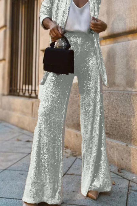 Arolora Sequin Long Sleeve Blazer Flare Long Pants Set