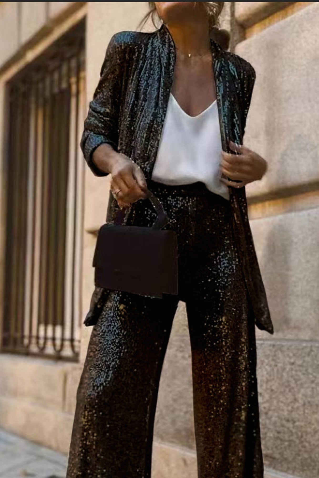 Arolora Sequin Long Sleeve Blazer Flare Long Pants Set
