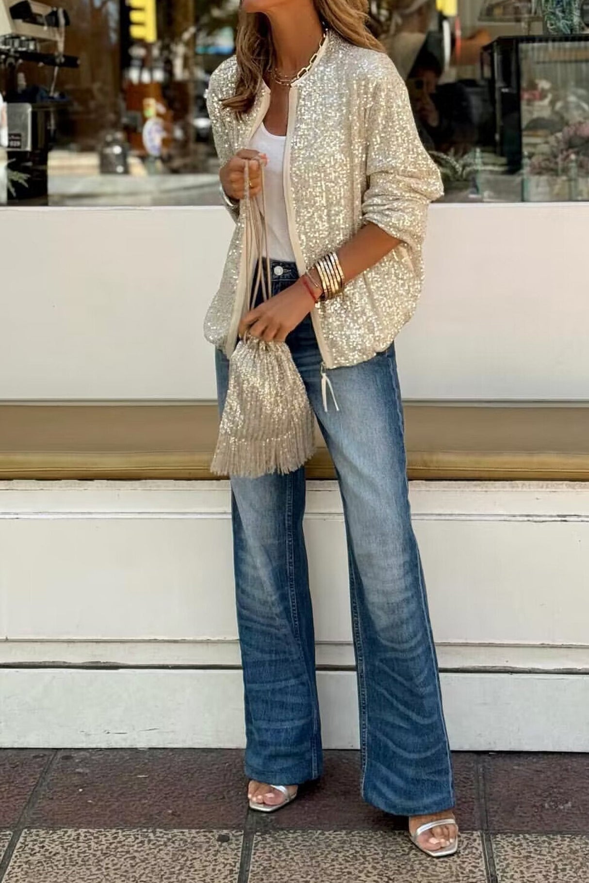 Sequin Long Sleeve Zip-up Coats