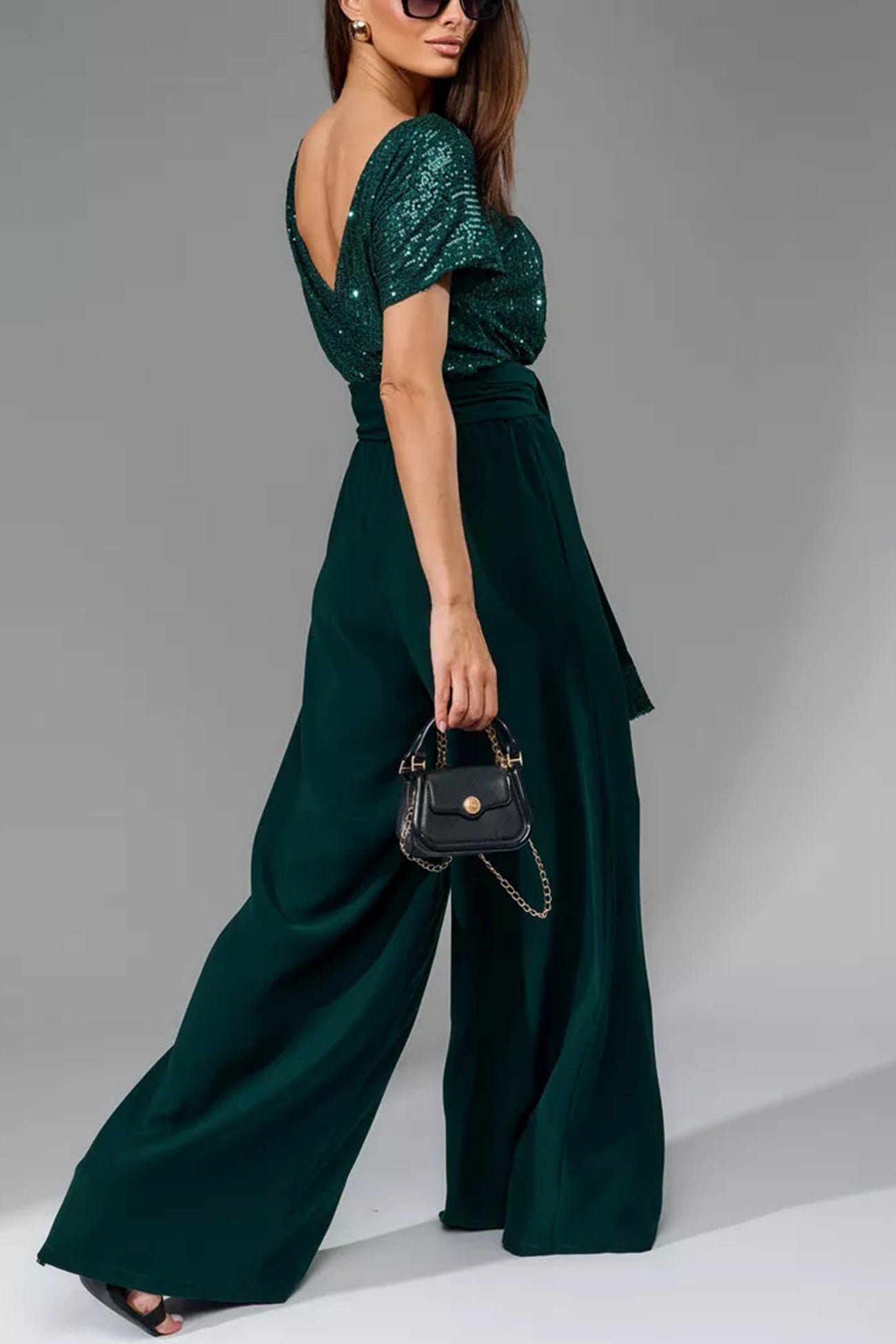 Arolora Sequin Patchwork Short Sleeve High Waist Jumpsuits