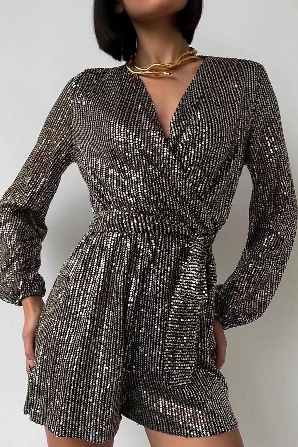 Arolora Sequin V Neck Tie-up Rompers
