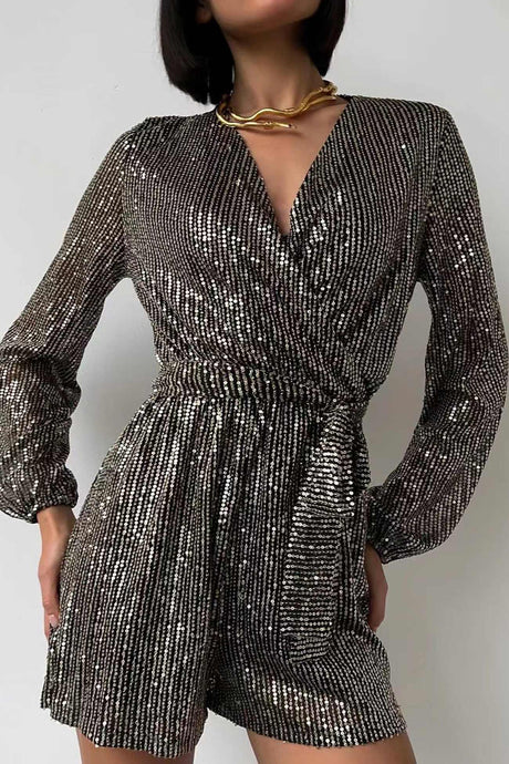 Arolora Sequin V Neck Tie-up Rompers