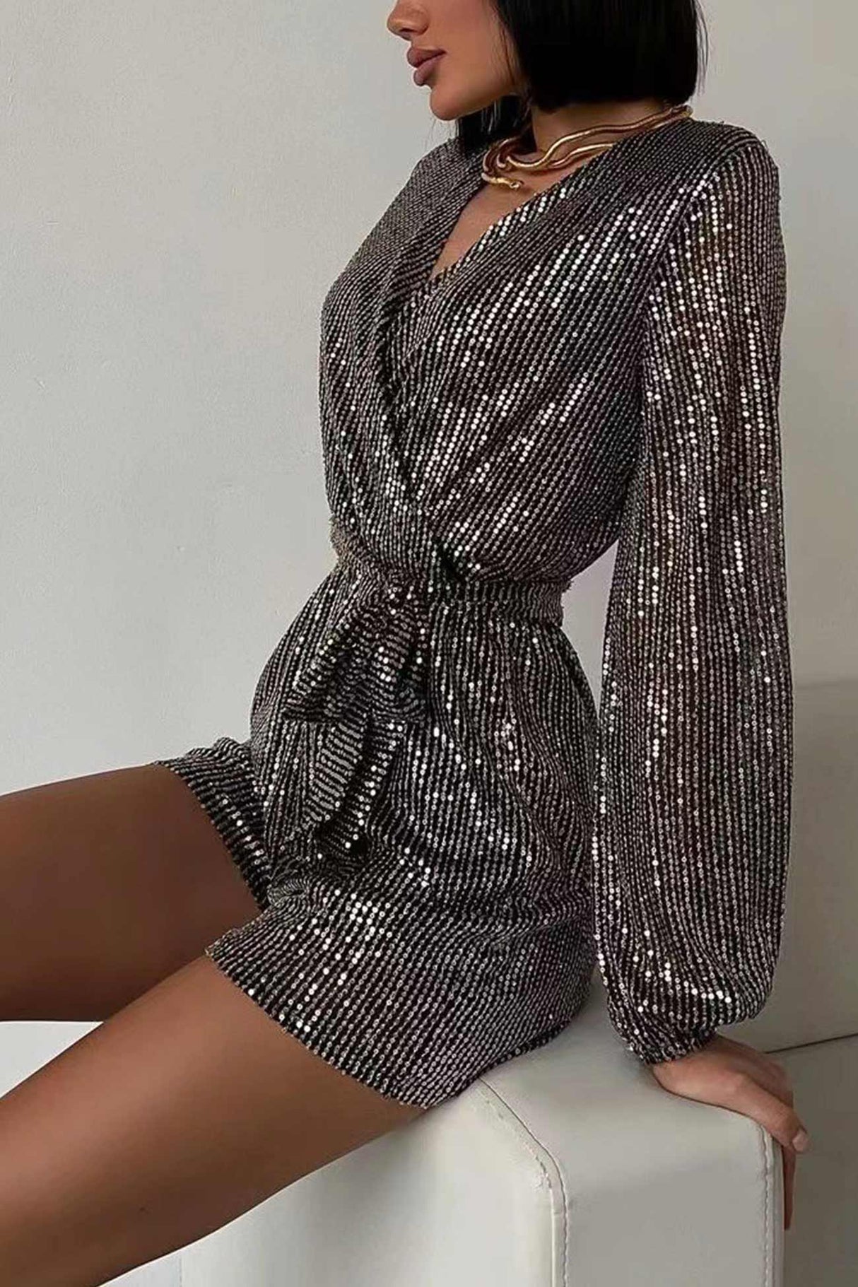 Arolora Sequin V Neck Tie-up Rompers