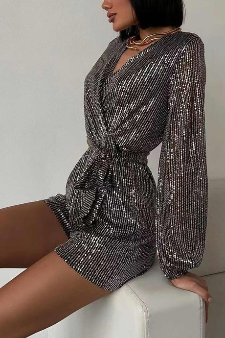 Arolora Sequin V Neck Tie-up Rompers