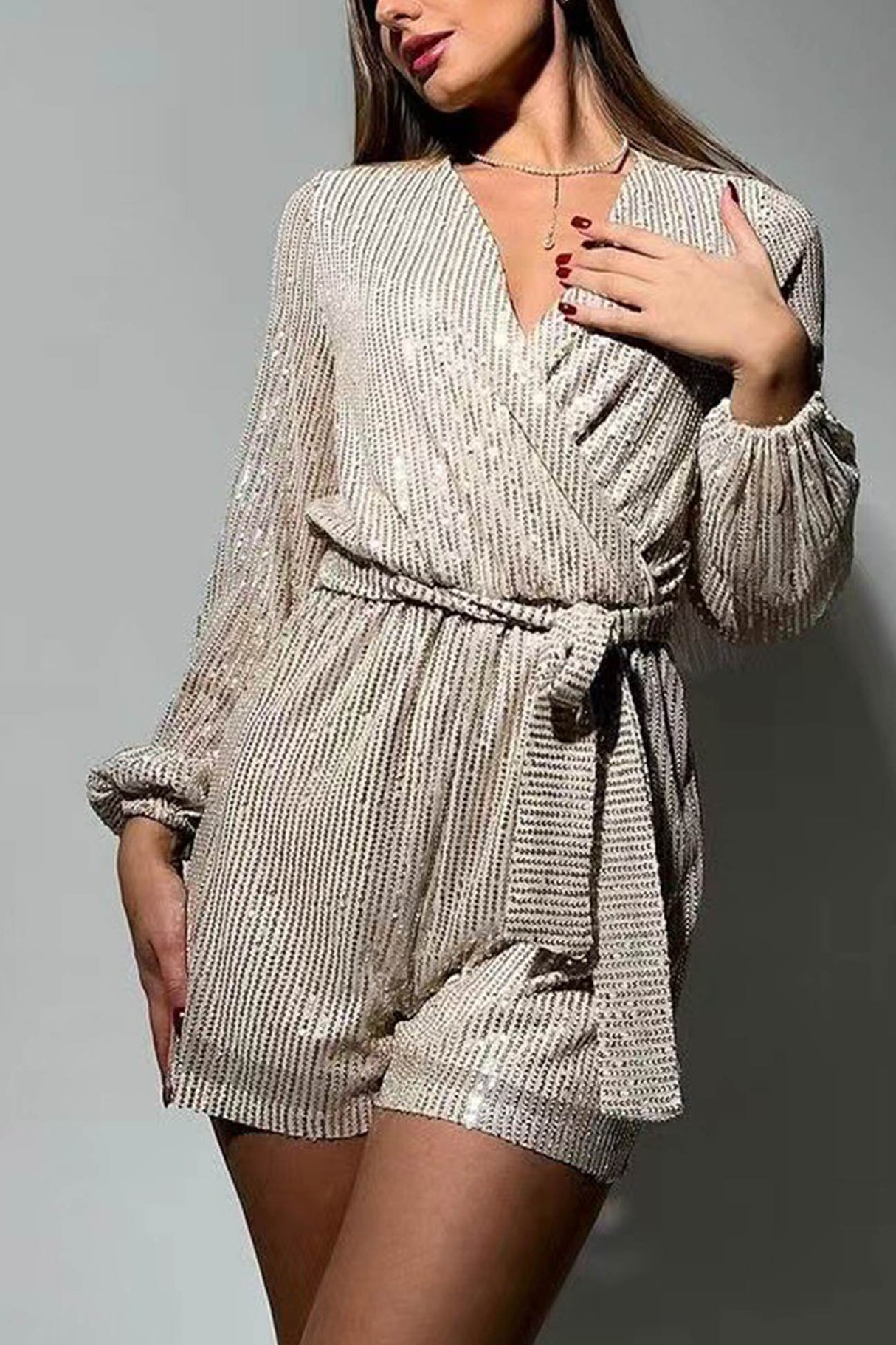 Arolora Sequin V Neck Tie-up Rompers