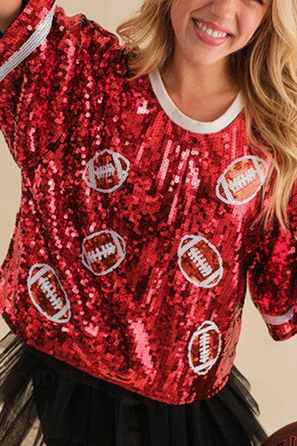 Arolora Sequined American Football Short Sleeve Top