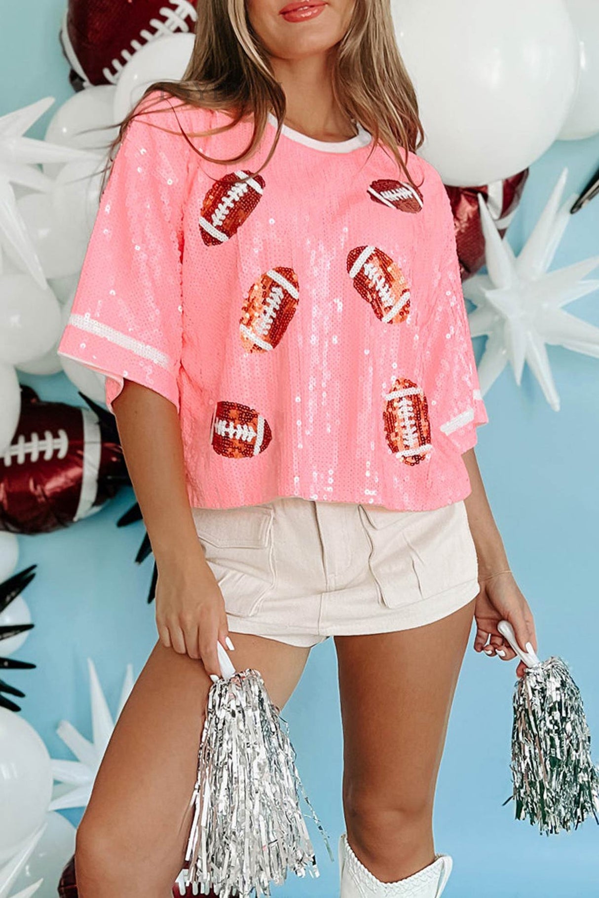 Arolora Sequined American Football Short Sleeve Top