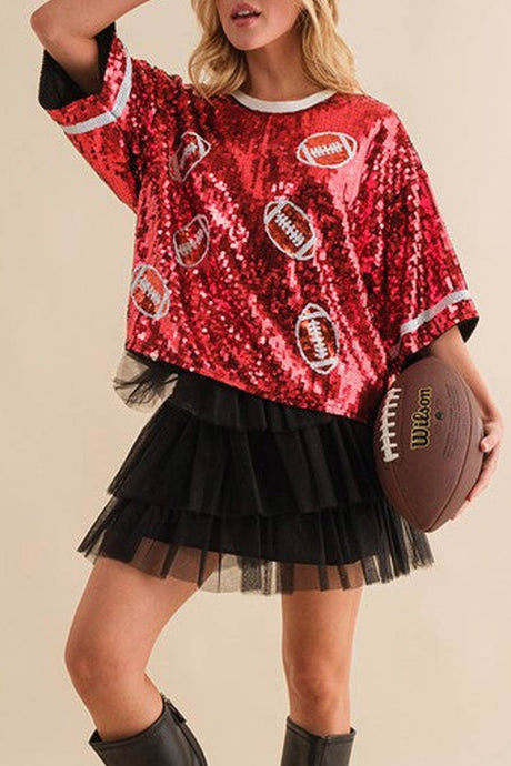 Arolora Sequined American Football Short Sleeve Top
