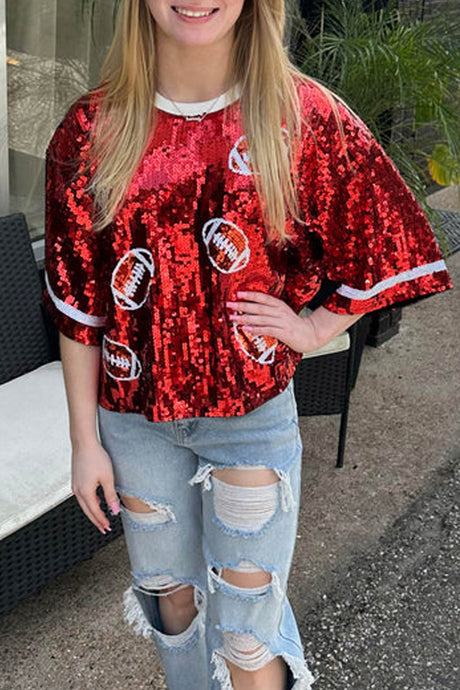 Arolora Sequined American Football Short Sleeve Top