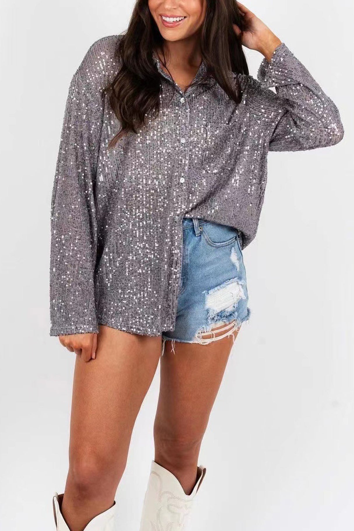 Sequins Lapel Long Sleeve Blouse
