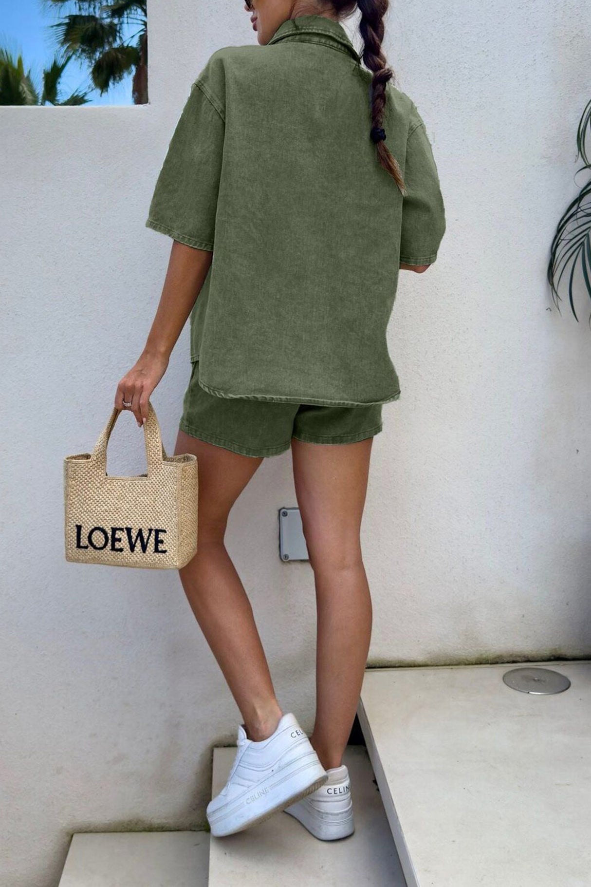 Arolora Short Sleeve Denim Shirt Shorts Set