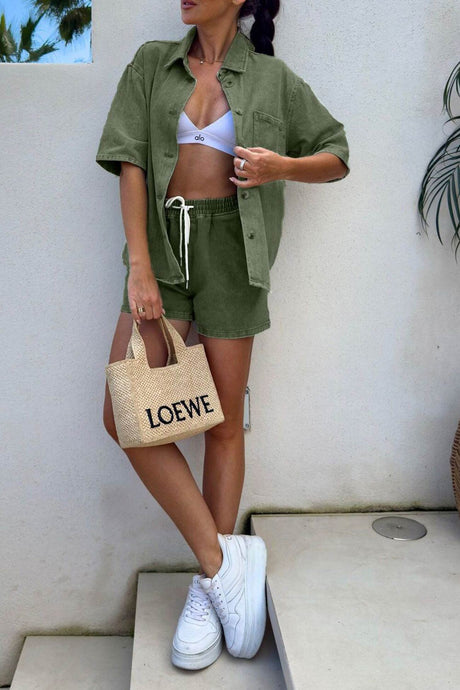 Arolora Short Sleeve Denim Shirt Shorts Set