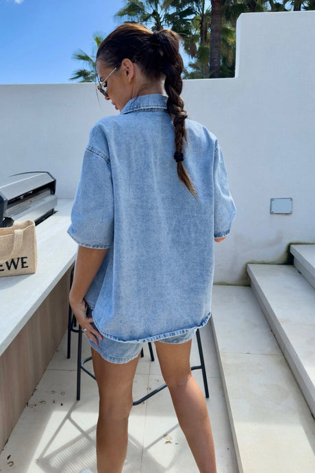 Arolora Short Sleeve Denim Shirt Shorts Set