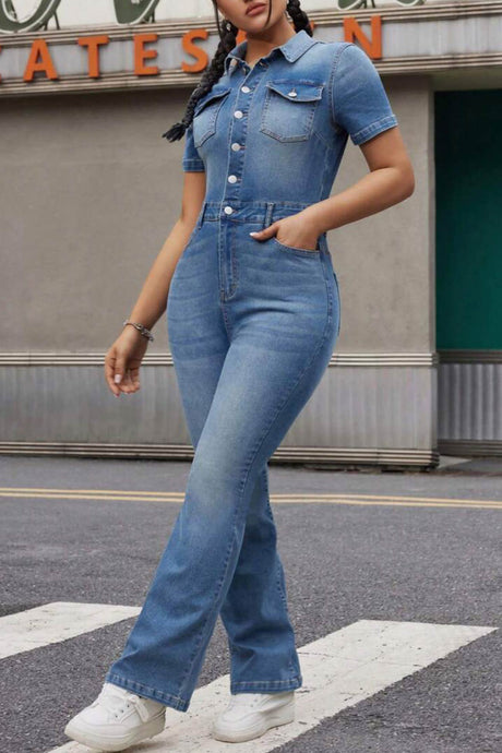 Arolora short-sleeve-high-waist-denim-jumpsuits