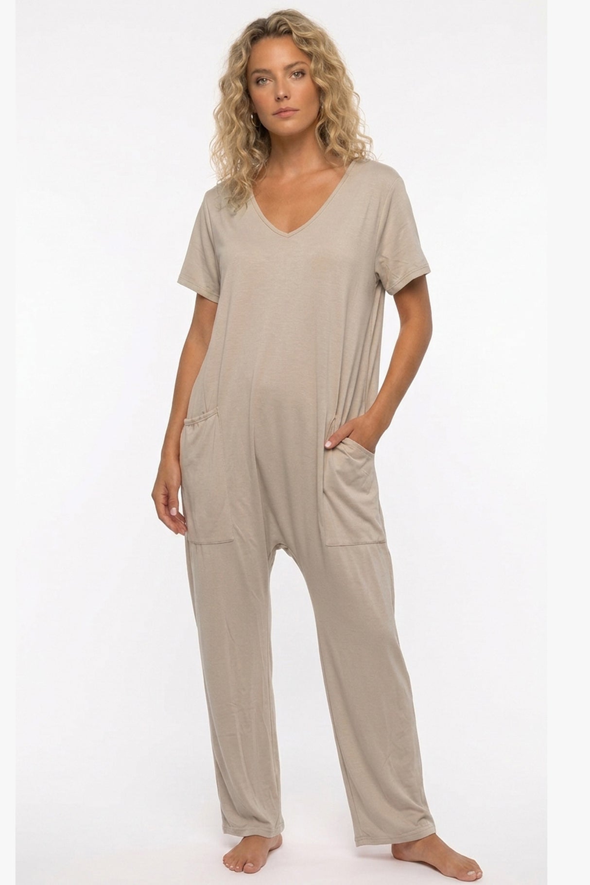 Short Sleeve V Neck Pocket Baggy Jumpsuit