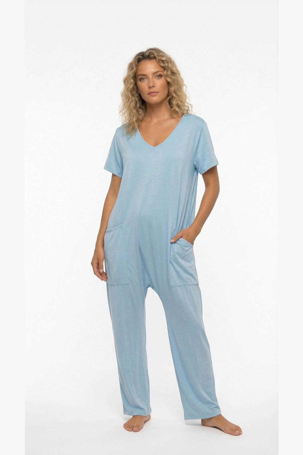 Short Sleeve V Neck Pocket Baggy Jumpsuit