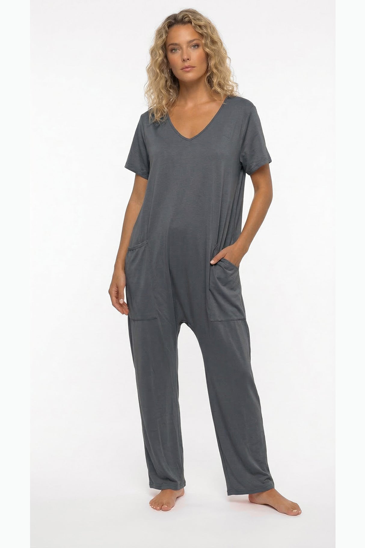 Short Sleeve V Neck Pocket Baggy Jumpsuit