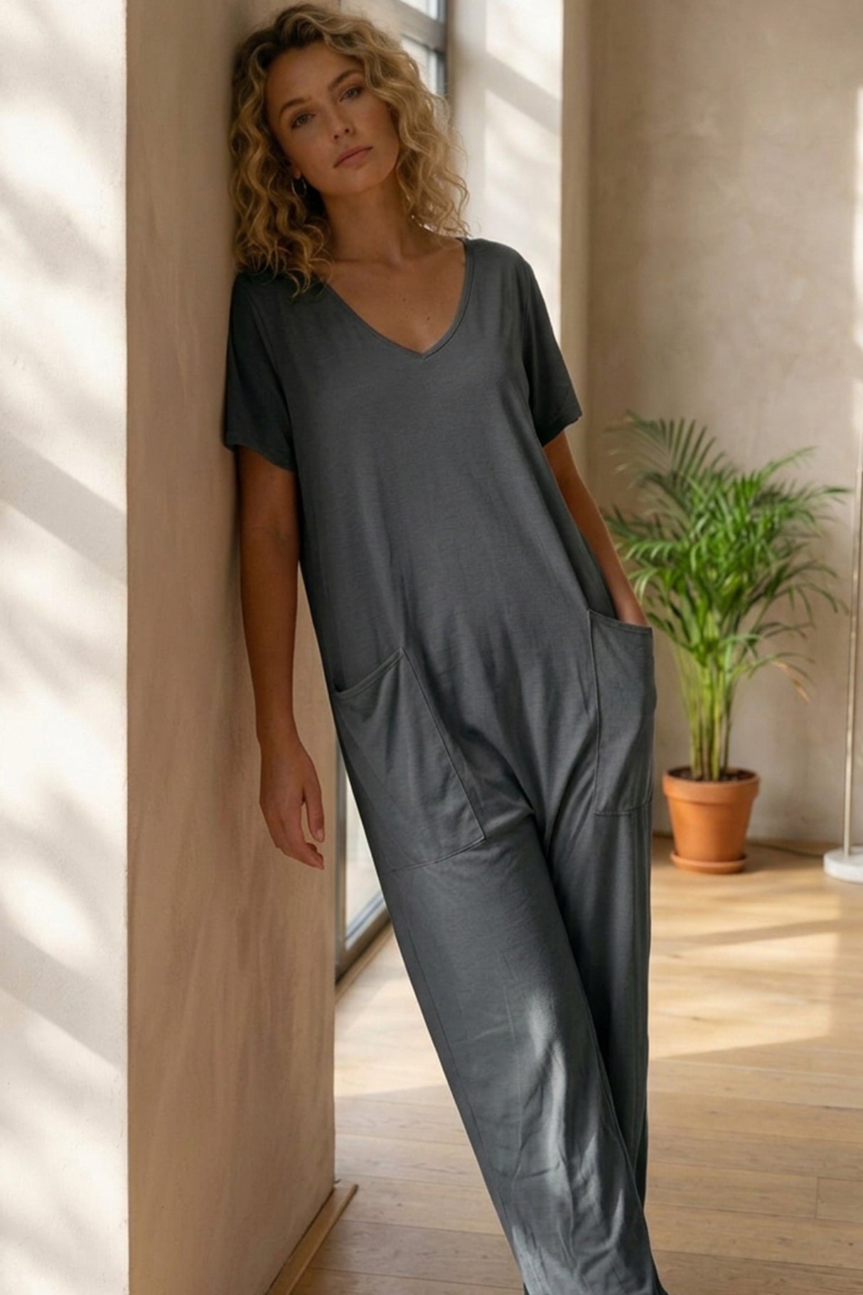 Short Sleeve V Neck Pocket Baggy Jumpsuit