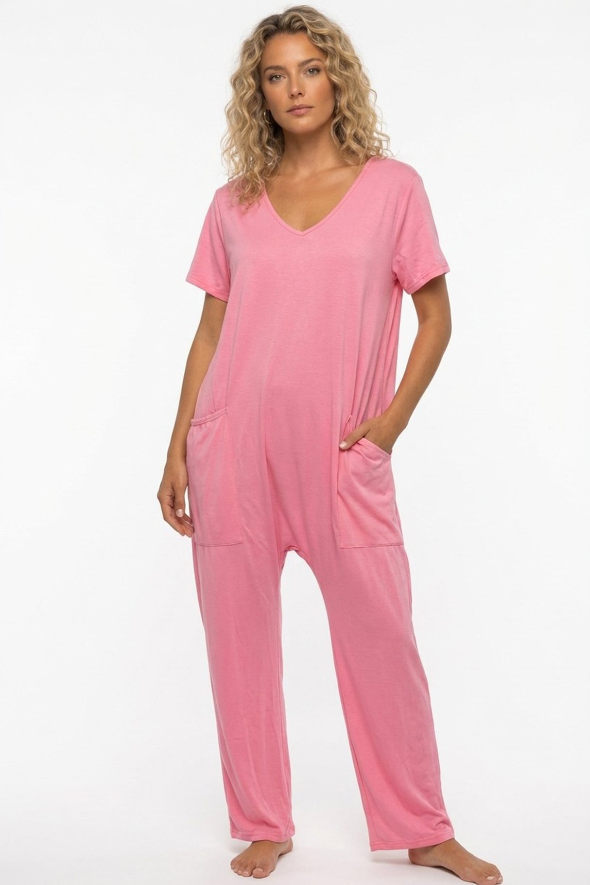 Short Sleeve V Neck Pocket Baggy Jumpsuit