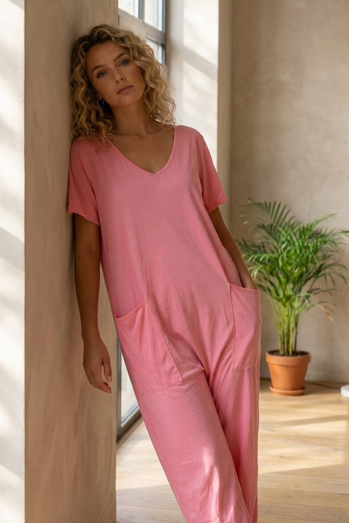 Short Sleeve V Neck Pocket Baggy Jumpsuit