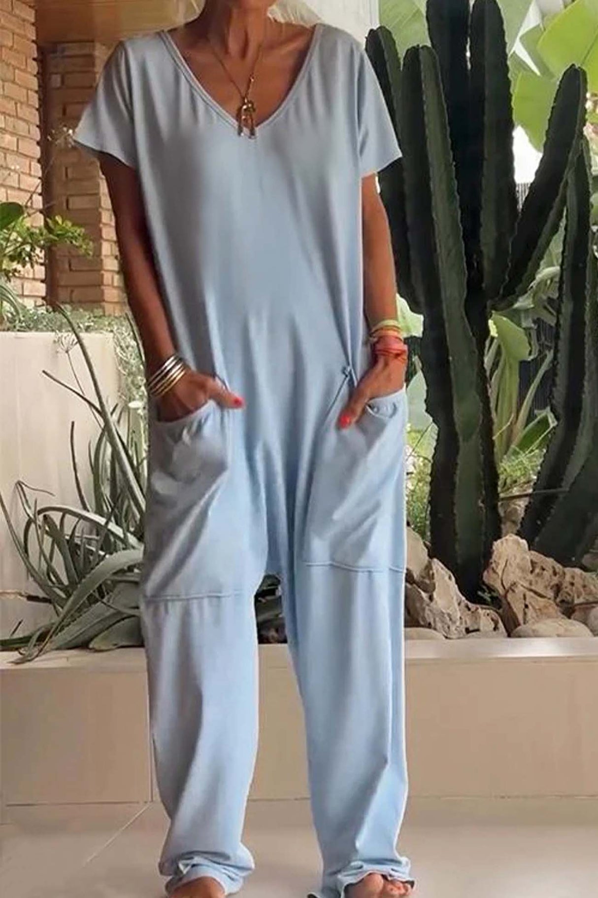 Short Sleeve V Neck Pocket Baggy Jumpsuit