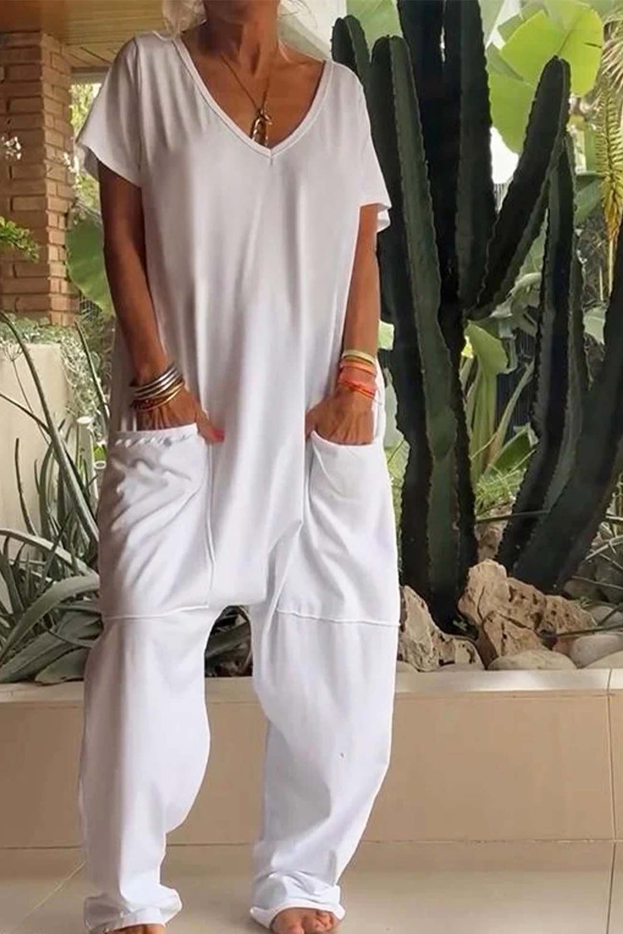 Short Sleeve V Neck Pocket Baggy Jumpsuit