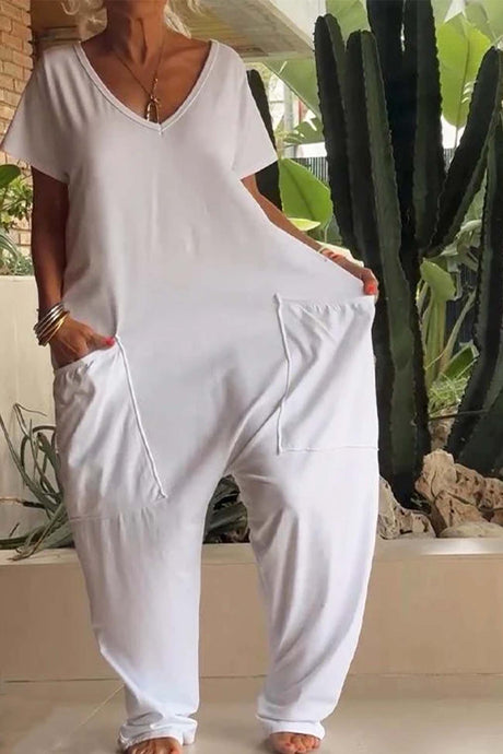 Short Sleeve V Neck Pocket Baggy Jumpsuit
